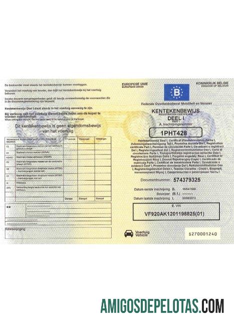 Exemplo de certificado de registro de veículo da Bélgica, versão 2